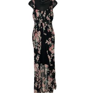 Connected Apparel Floral Maxi Overlay Dress in Black and Pink